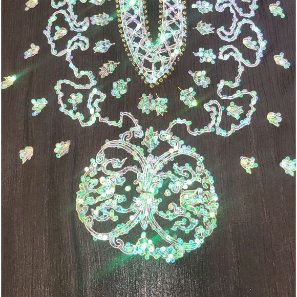 Venus Black Semi Sheer Silk Turquoise  Sequin Embroidered Beaded Tunic S - Picture 8 of 14